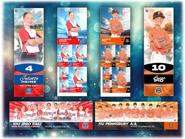 Sample Babe Ruth World Series studio products: individual player banners, a photo sheet and team panoramas