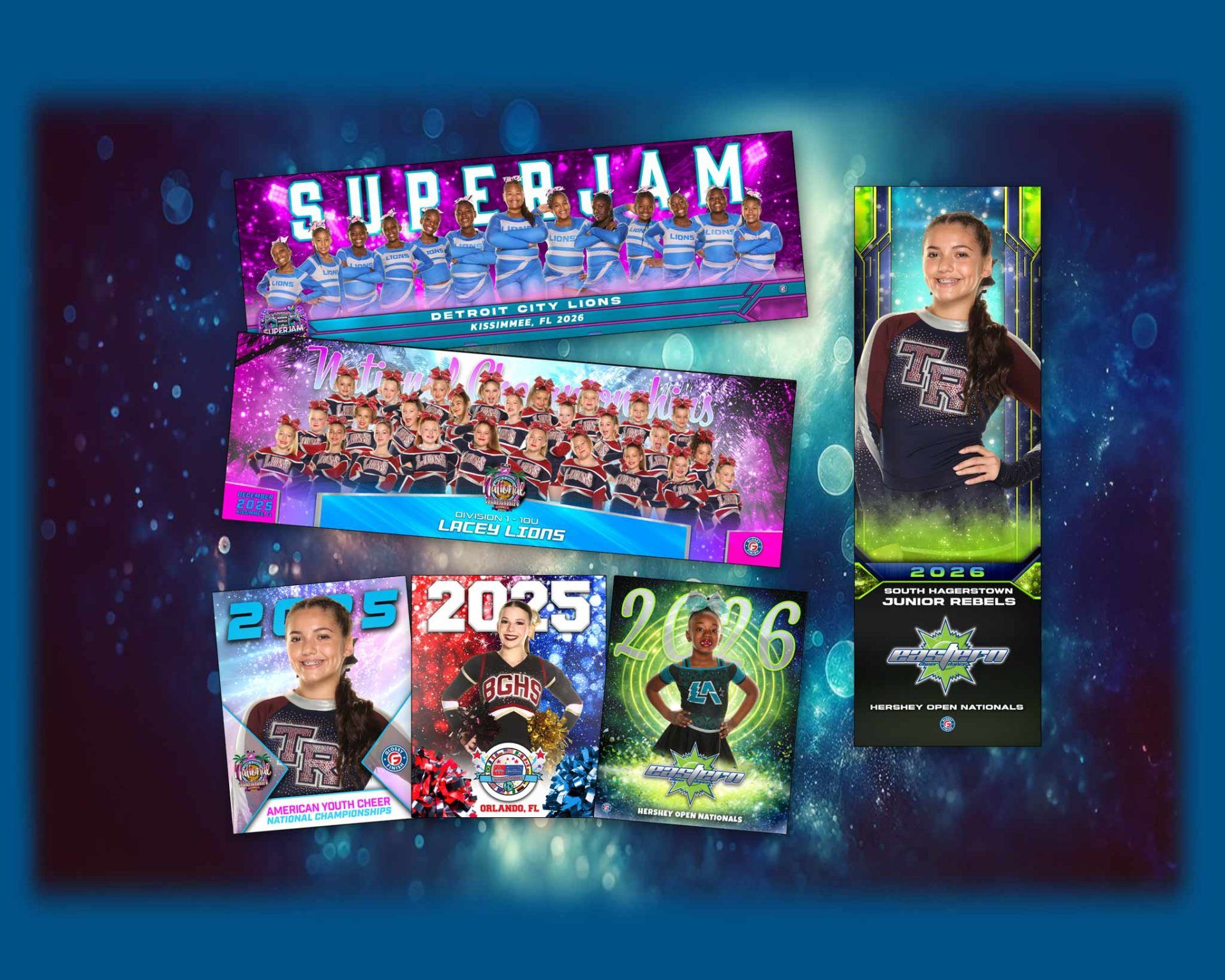 Printed cheer team banners and individual glam portraits from 2025 and 2026 competitions