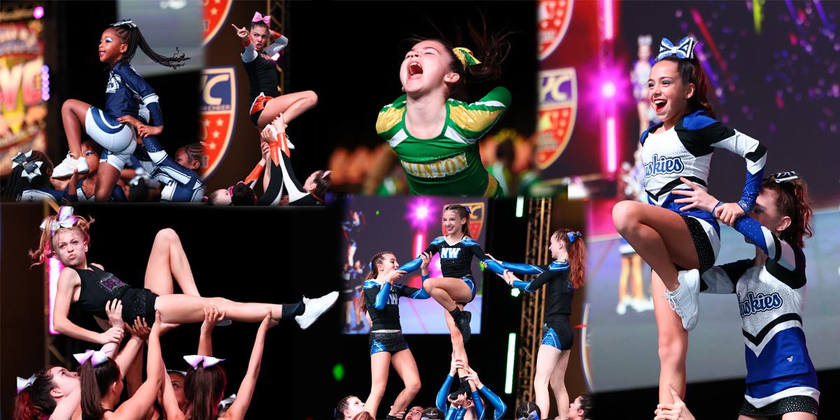 Collage of cheerleaders mid-stunt and celebrating on the competition floor