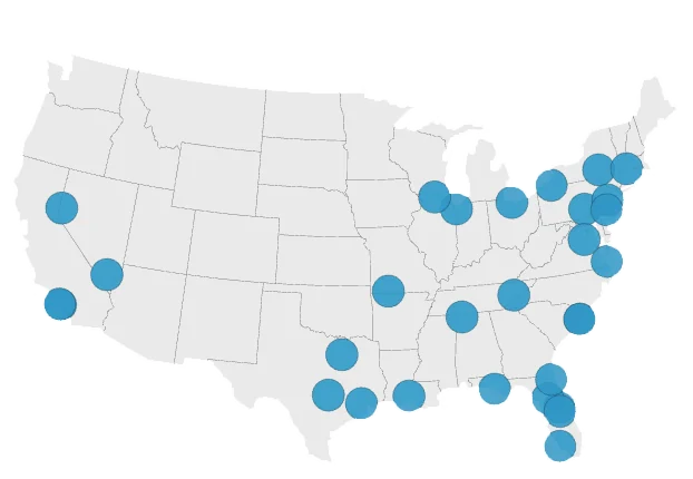 Map of the United States marking the cities where Glossy Finish photographs tournaments