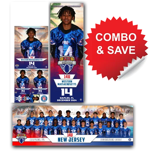 Sample FBU player portraits and a 14U team panoramic photo from Naples, FL