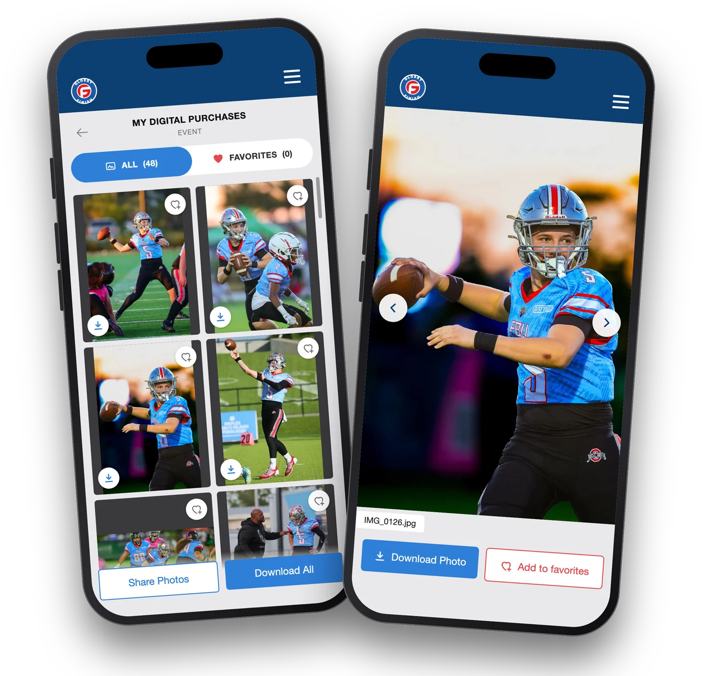 The photo album open on two phones, one showing a grid of FBU football action photos, the other one photo full-screen
