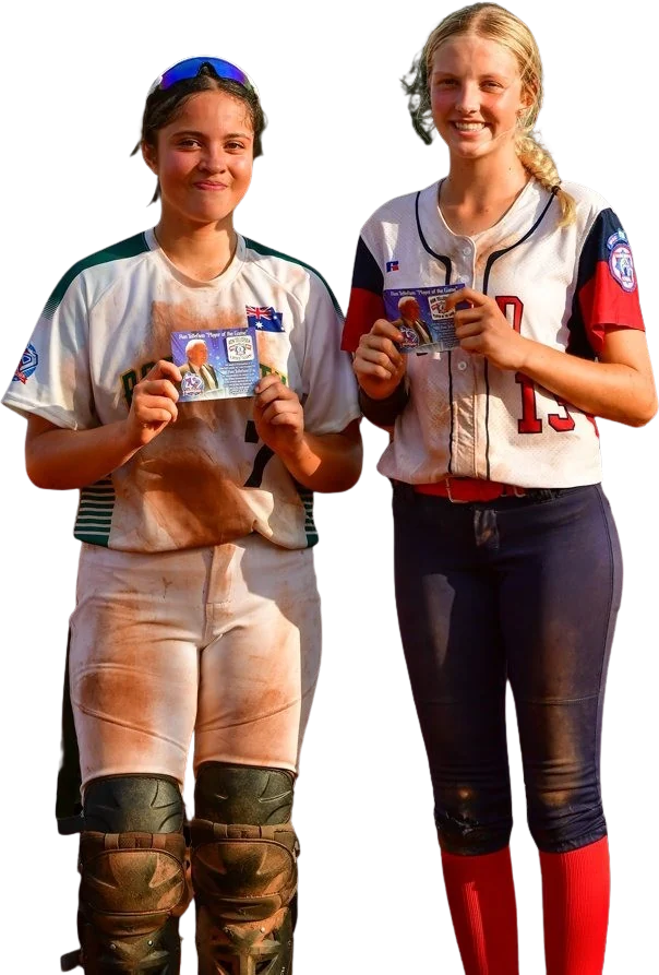 Two young players holding their printed action photos