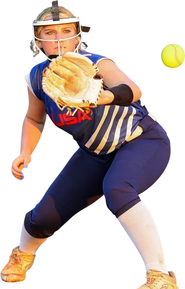 Softball pitcher mid-delivery