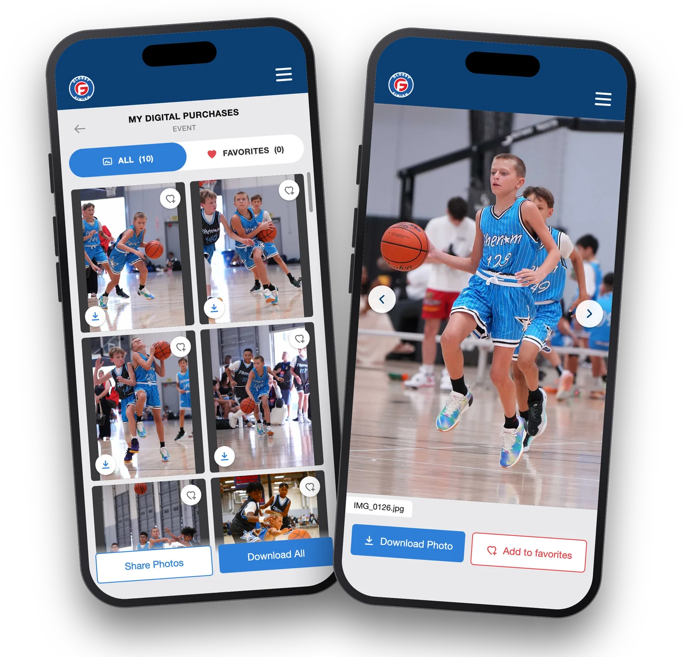 The photo album open on two phones, one showing a grid of Phenom basketball action photos, the other one photo full-screen