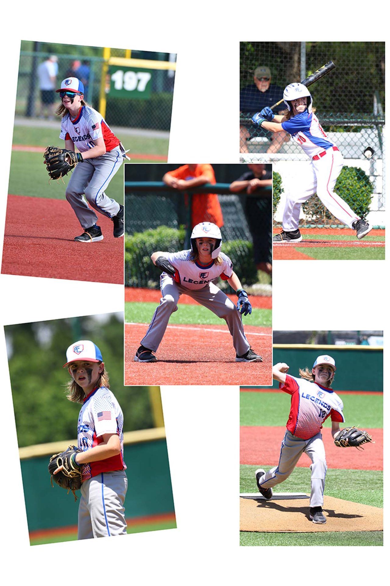 Collage of one player batting, fielding and pitching