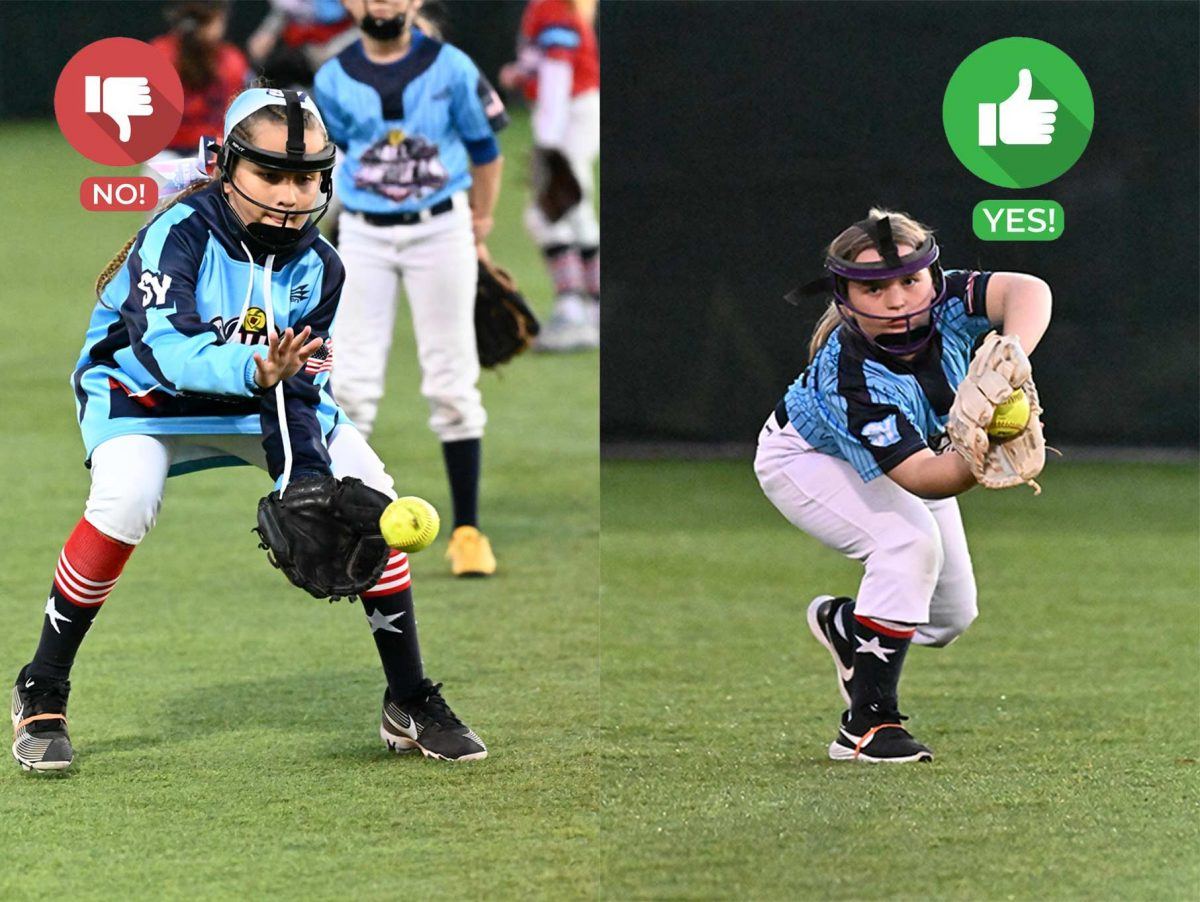 Two warm-up photos compared: a fielder with other players behind her marked no, and a fielder alone in the frame marked yes